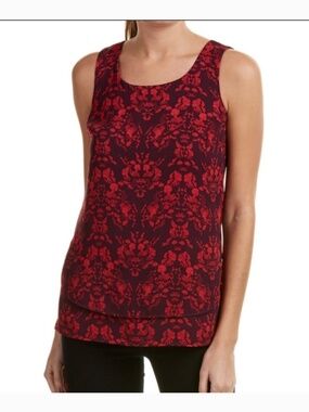 CAbi #3258 Cameo Print Sleeveless Layered Top Blouse Purple Red Size Small